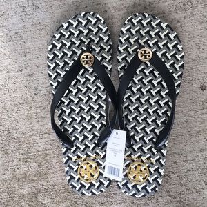 Tory Burch Black Geometric Print Flip Flops